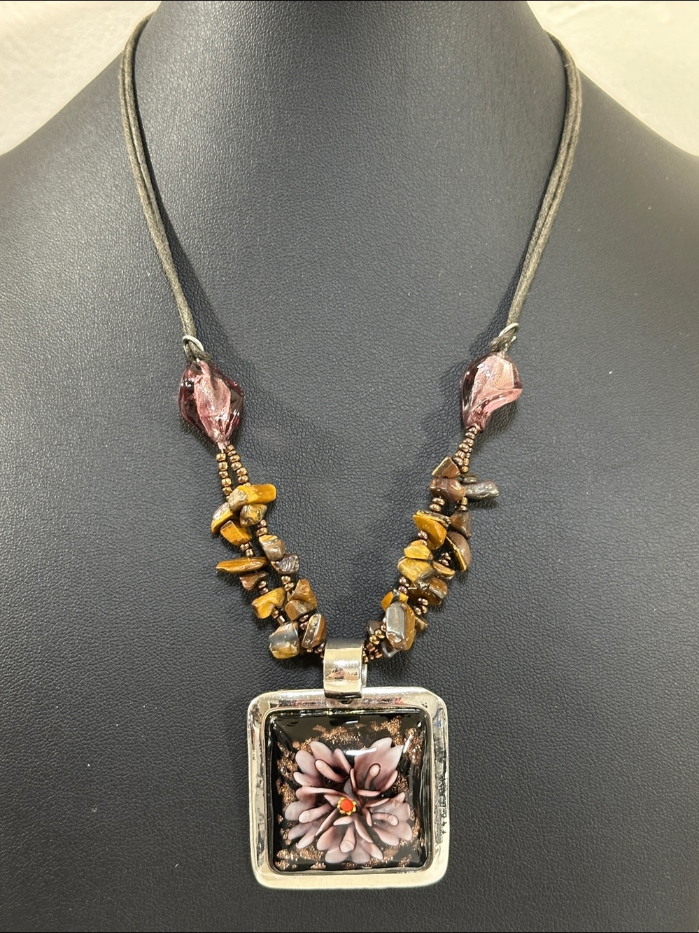 3D Glass Flower Pendant Necklace Tiger's Eye Gem Stones & Twisted Foil Bead